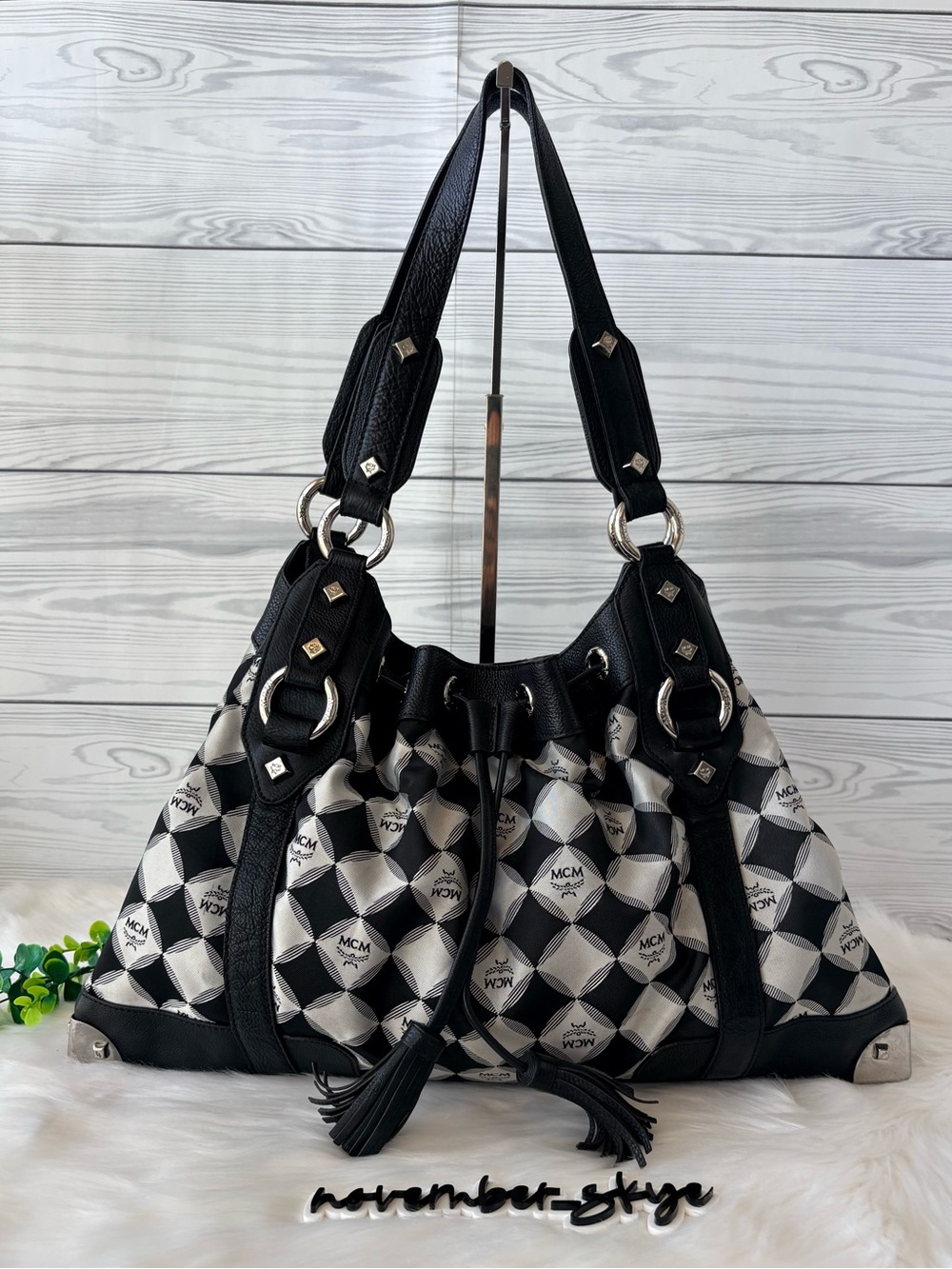 MCM Black & White Limited Edition Drawstring‎ Shoulder Bag